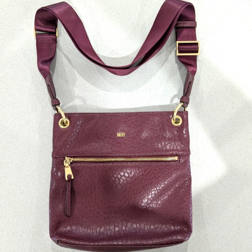 DKNY Gregorio Plum Crossbody Bag Purse with Gold Accents